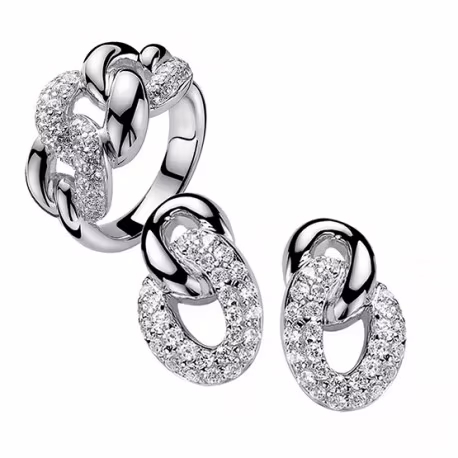 Zinzi zilveren sieradenset gourmetschakel oorbellen met ring