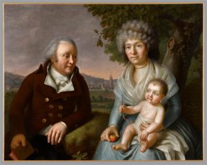 antiek schilderij met een echtpaar met hun baby met een zilveren rammelaar