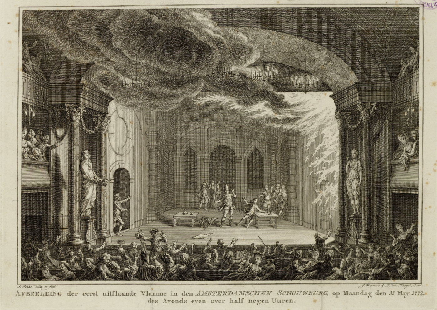 Simon Fokke prent van de brand in de Amsterdamse schouwburg op 11 mei 1772. Blog Zilver.nl